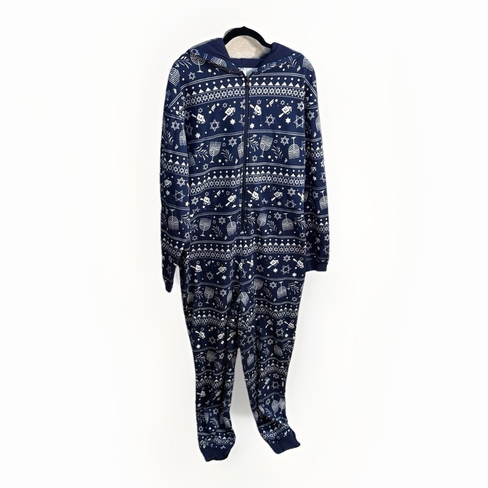 Fabletics | Fleece Hooded "Hanukkah" Blue Pajama Onepiece | Size XL | Cozy Comfy